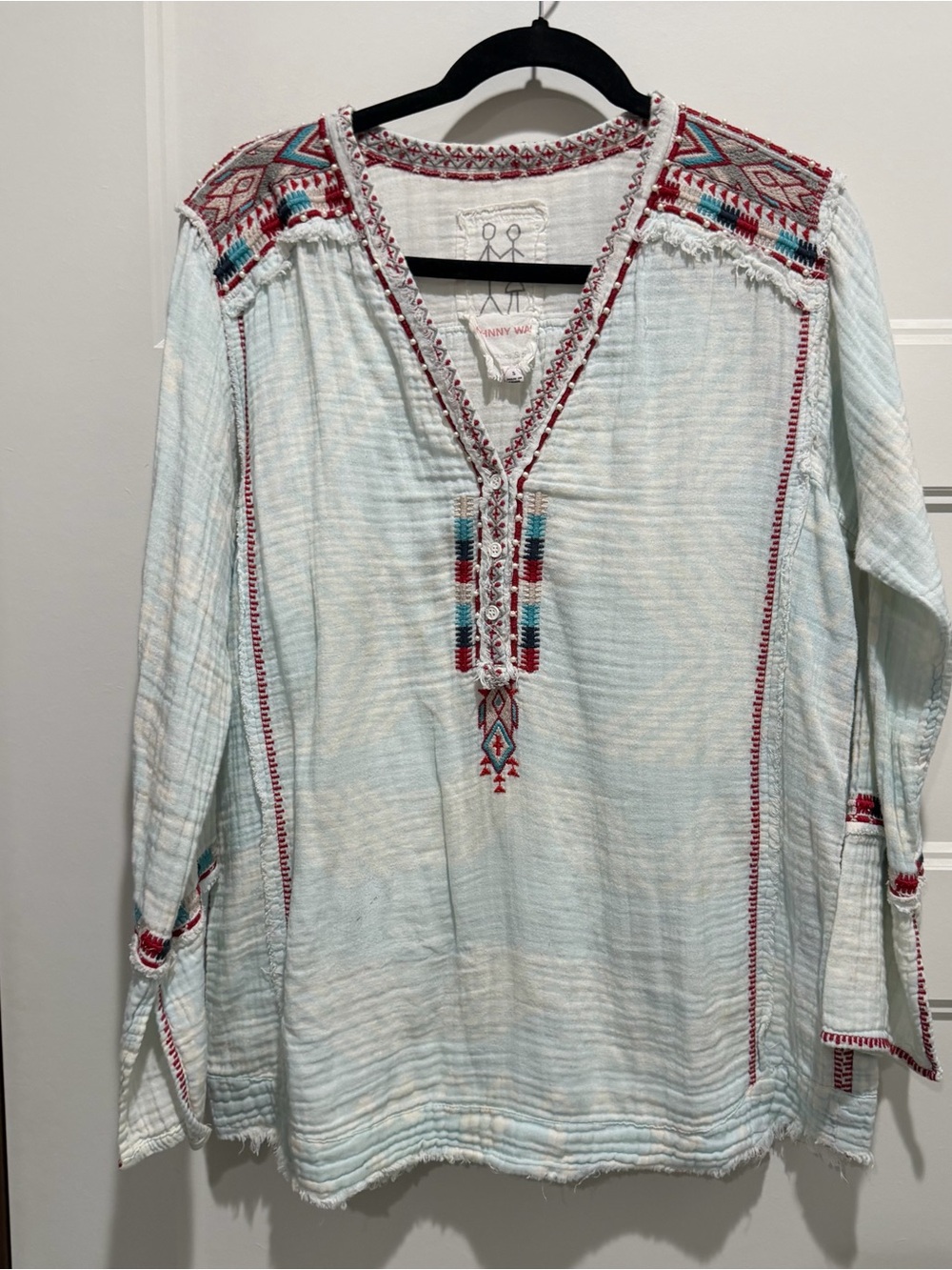 Johnny Was Light Blue Embroidered V-Neck Tunic with Red & Teal Accents